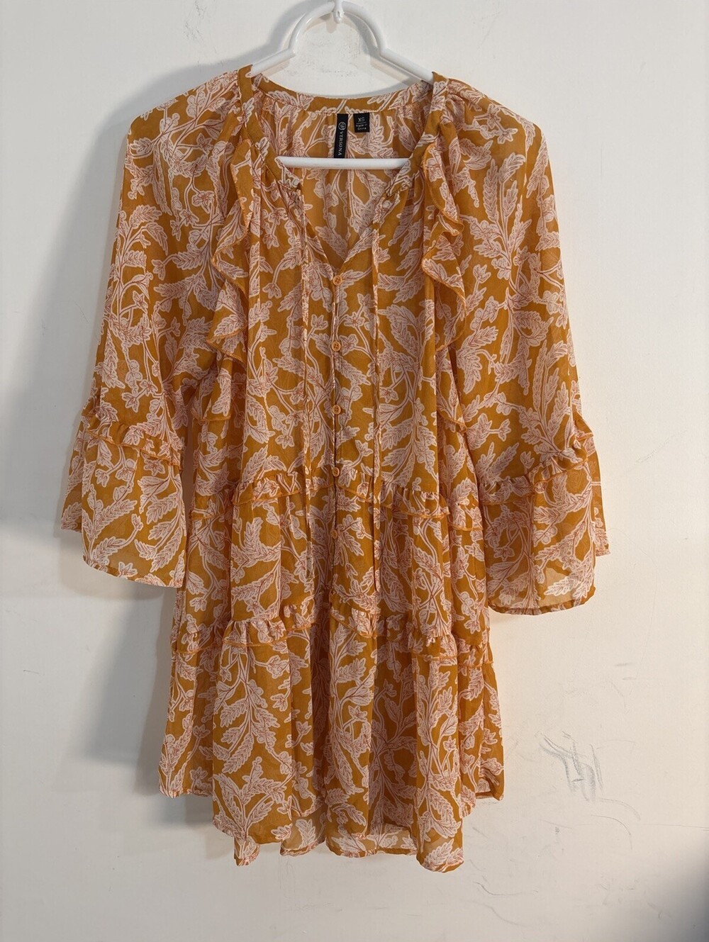 Versona Boho Tiered Ruffle Tunic Orange Mustard‎ Paisley Floral XS NWOT